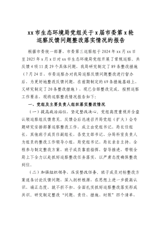 市生态环境局党组关于党届市委第党轮巡察反馈问题整改落实情况的报告