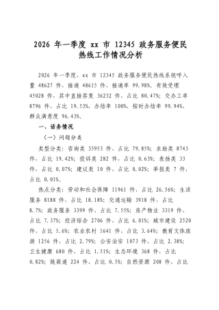 2026年一季度市12345政务服务便民热线工作情况分析
