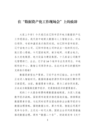 在“数据资产化工作现场会”上的致辞