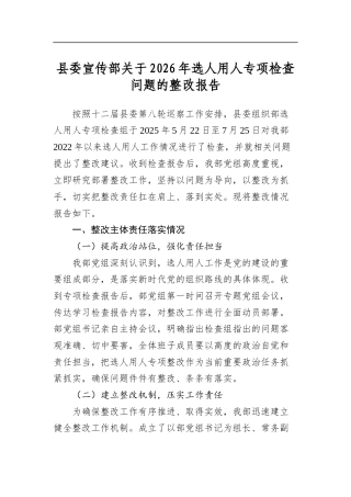 县委宣传部关于2026年选人用人专项检查问题的整改报告