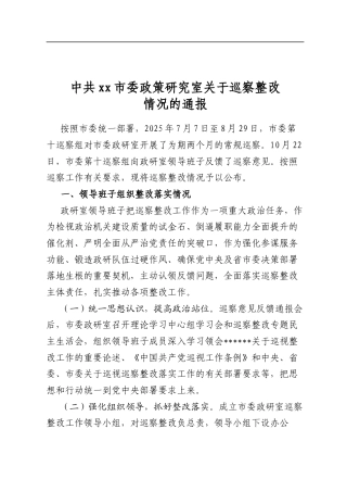 中共市委政策研究室关于巡察整改情况的通报