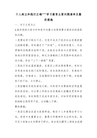 个人树立和践行正确政绩观学习教育主要问题清单及整改措施