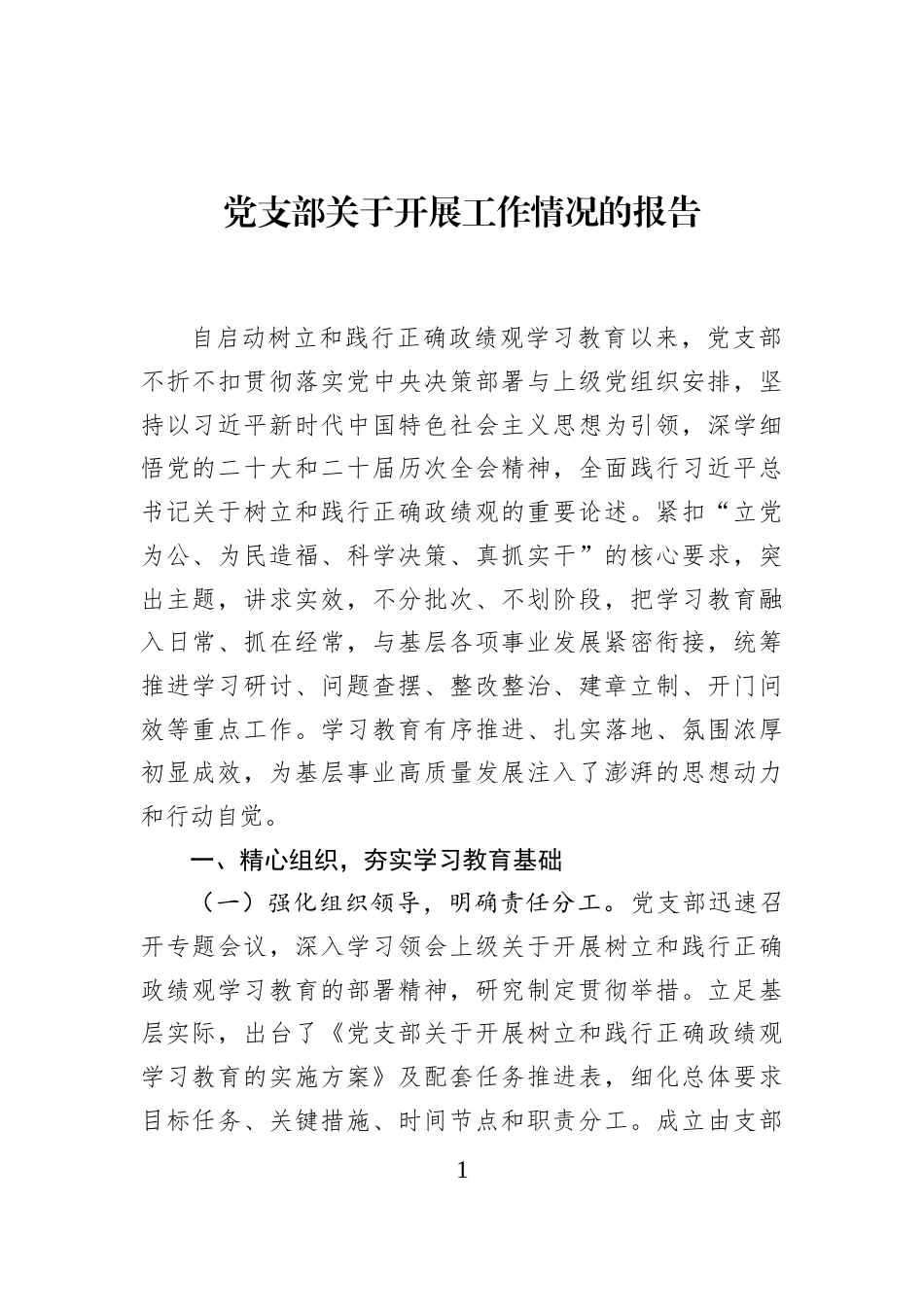 党支部关于开展工作情况的报告_第1页