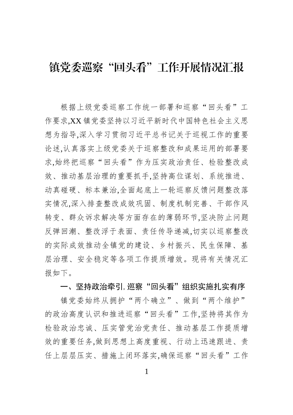 镇党委巡察“回头看”工作开展情况汇报_第1页