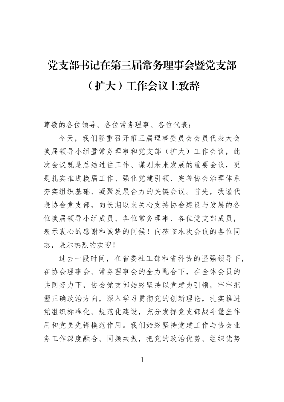 党支部书记在第三届常务理事会暨党支部（扩大）工作会议上致辞_第1页