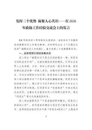 发挥三个优势+凝聚人心共识——在2026年政协工作经验交流会上的发言