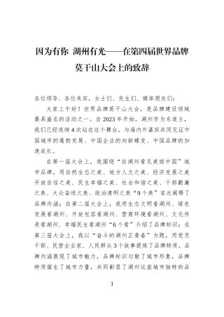因为有你+湖州有光——在第四届世界品牌莫干山大会上的致辞