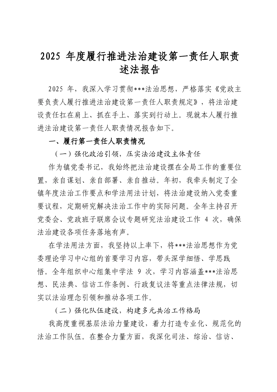 2025年度履行推进法治建设第一责任人职责述法报告_第1页