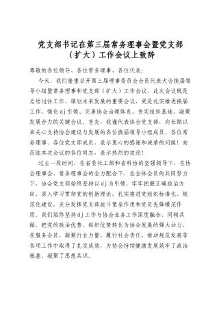 党支部书记在第三届常务理事会暨党支部（扩大）工作会议上致辞