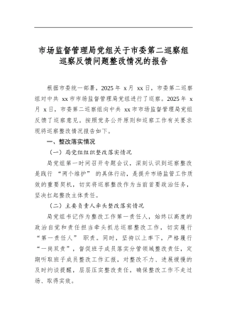 市场监督管理局党组关于市委第二巡察组巡察反馈问题整改情况的报告