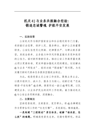 机关党建与业务共振融合经验：锻造忠诚警魂+护航平安发展