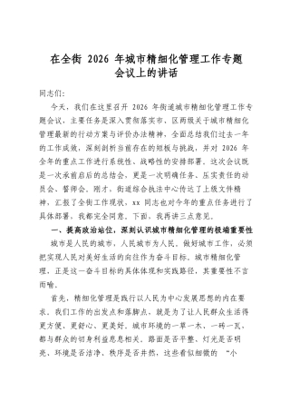 在全街2026年城市精细化管理工作专题会议上的讲话