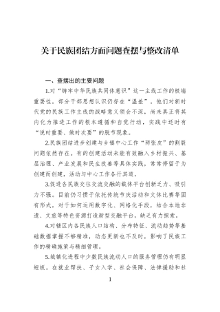 关于民族团结方面问题查摆与整改清单