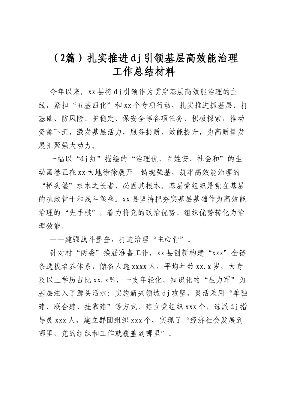 扎实推进党建引领基层高效能治理工作总结材料（2篇）_第1页
