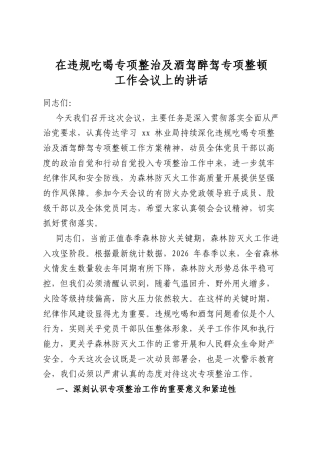 在违规吃喝专项整治及酒驾醉驾专项整顿工作会议上的讲话