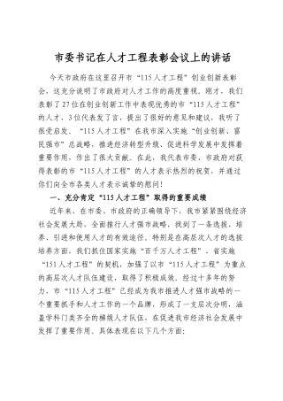 市委书记在人才工程表彰会议上的讲话
