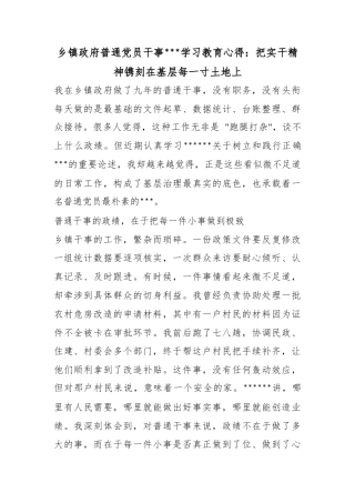 乡镇政府普通党员干事政绩观学习教育心得：把实干精神镌刻在基层每一寸土地上
