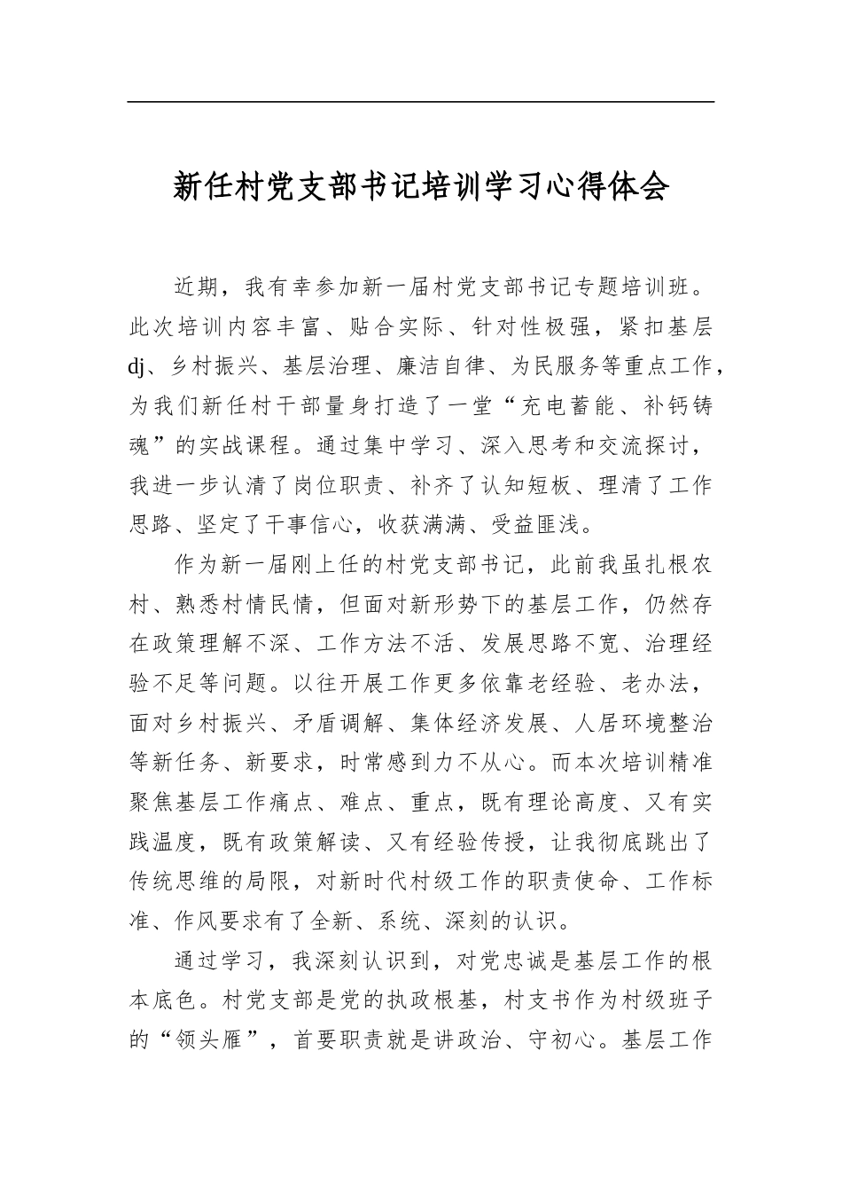新任村党支部书记培训学习心得体会_第1页