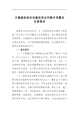 乡镇高标准农田建设突出问题专项整治自查报告