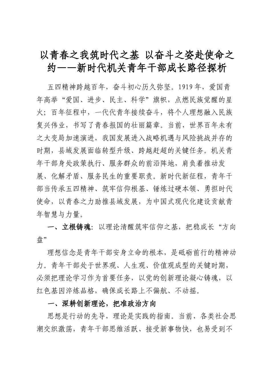 以青春之我筑时代之基以奋斗之姿赴使命之约——新时代机关青年干部成长路径探析_第1页