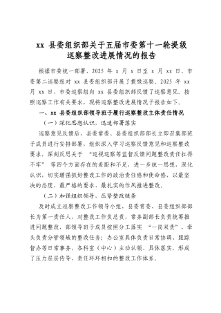 县委组织部关于五届市委第十一轮提级巡察整改进展情况的报告