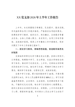 XX党支部2026年上半年工作报告