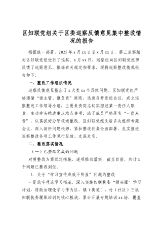 区妇联党组关于区委巡察反馈意见集中整改情况的报告