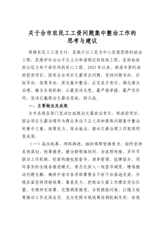 关于全市农民工工资问题集中整治工作的思考与建议