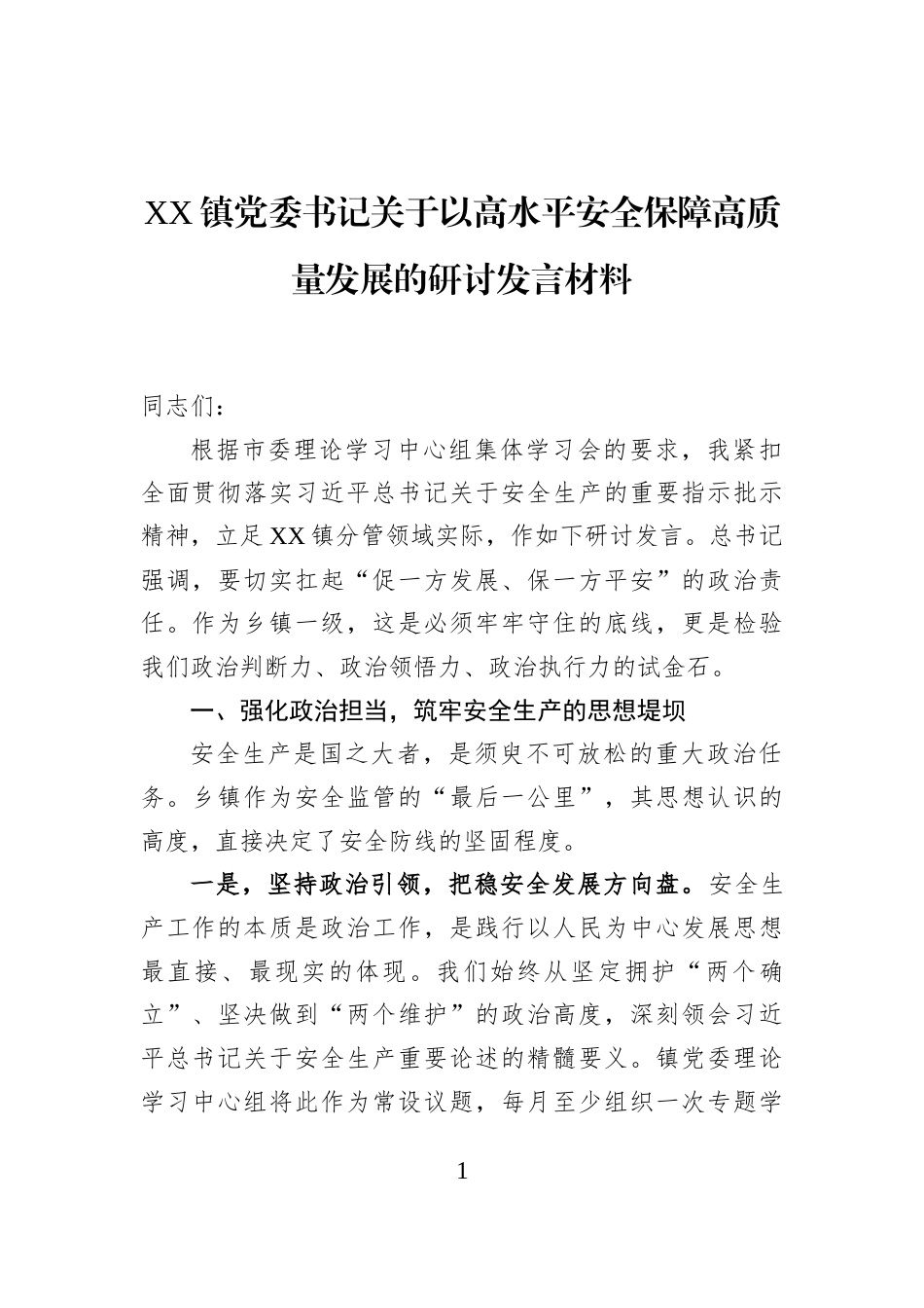 XX镇党委书记关于以高水平安全保障高质量发展的研讨发言材料_第1页