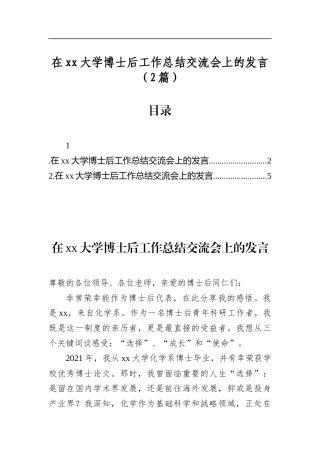 在大学博士后工作总结交流会上的发言（2篇）