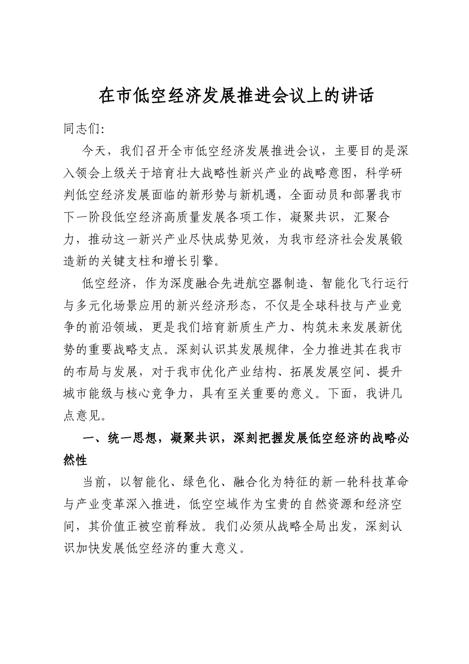 在市低空经济发展推进会议上的讲话_第1页
