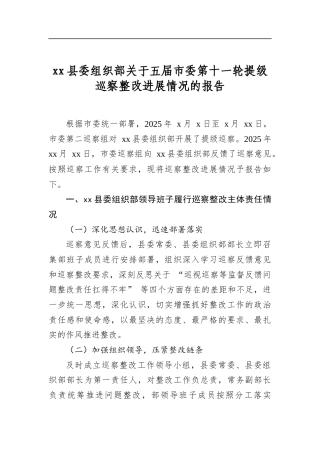 县委组织部关于五届市委第十一轮提级巡察整改进展情况的报告