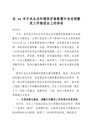 在市中央生态环境保护督察暨中央巡视整改工作推进会上的讲话