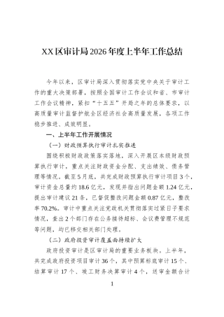 XX区审计局2026年度上半年工作总结