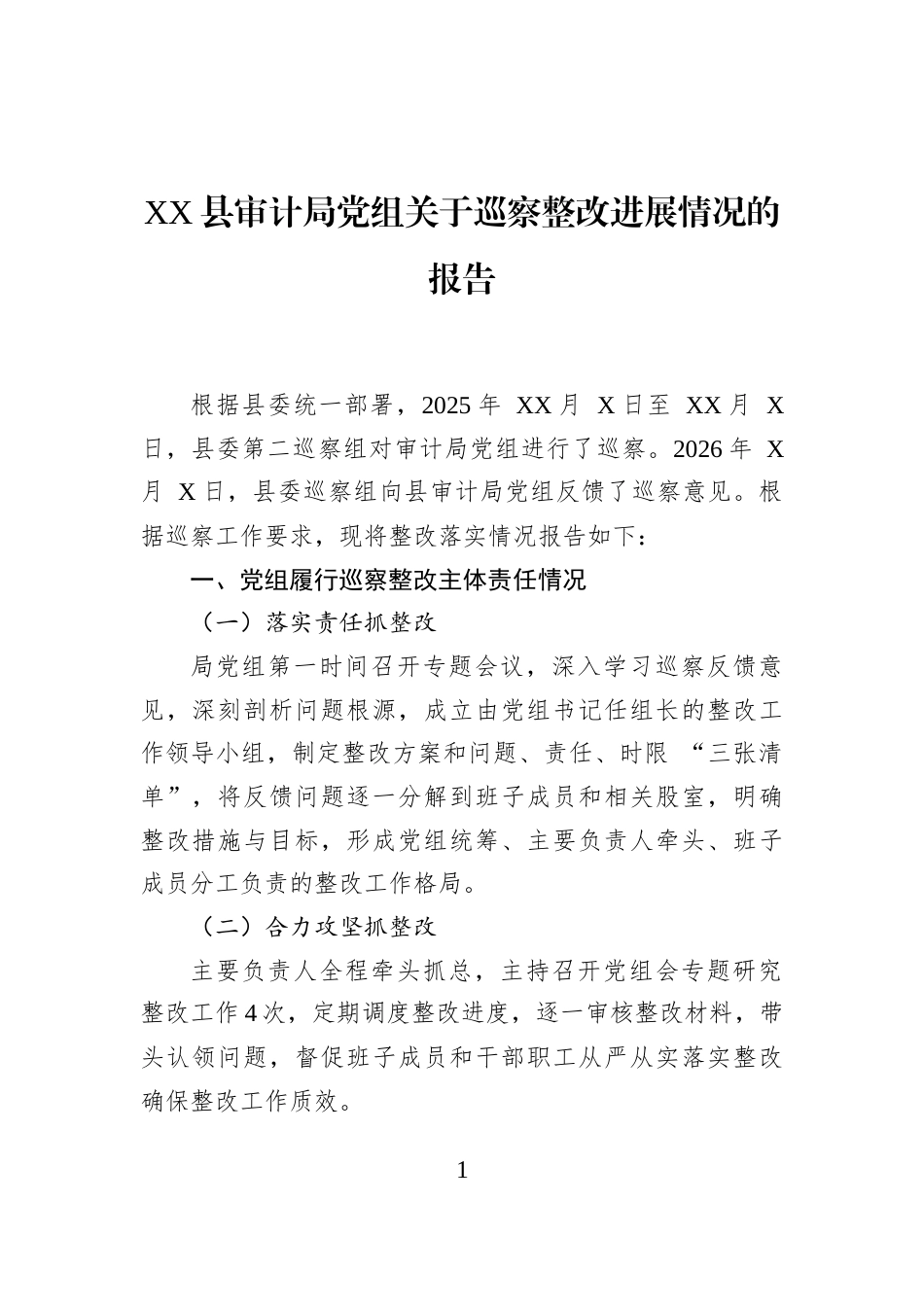 XX县审计局党组关于巡察整改进展情况的报告_第1页