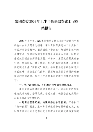 集团党委2026年上半年抓基层党建工作总结报告