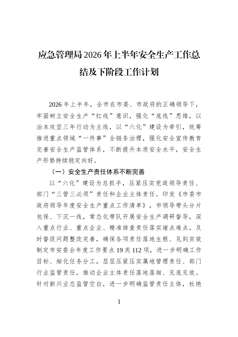 应急管理局2026年上半年安全生产工作总结及下阶段工作计划_第1页