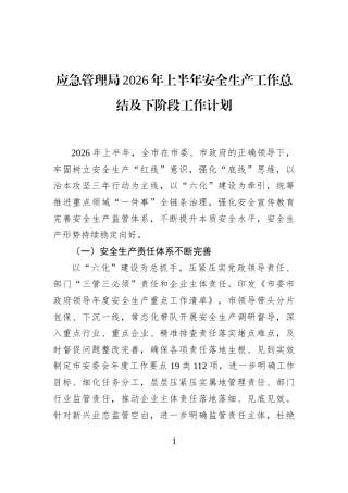 应急管理局2026年上半年安全生产工作总结及下阶段工作计划