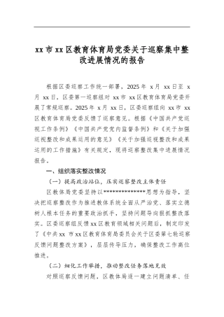 市区教育体育局党委关于巡察集中整改进展情况的报告