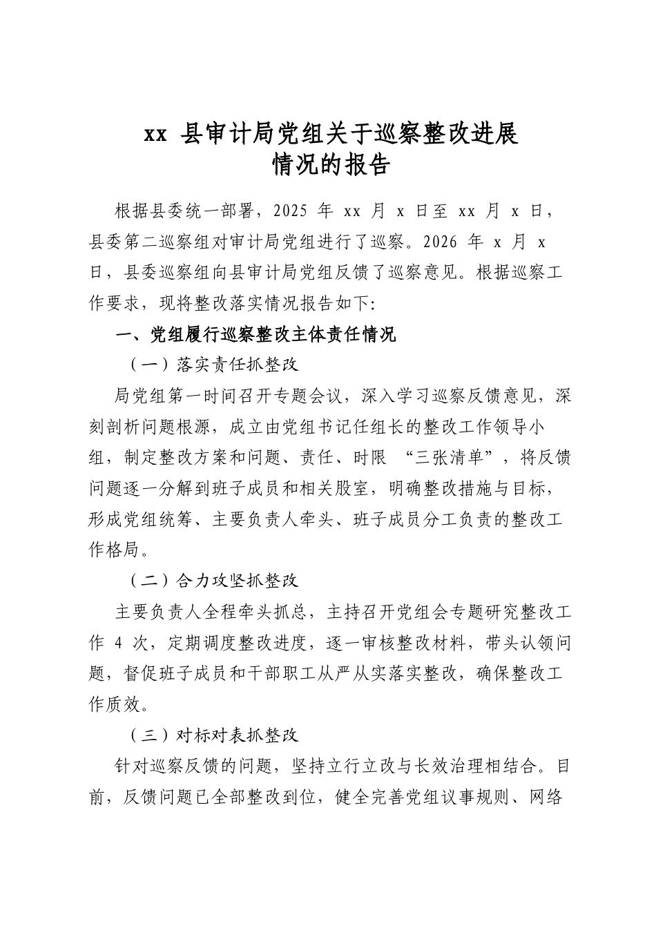 县审计局党组关于巡察整改进展情况的报告_第1页