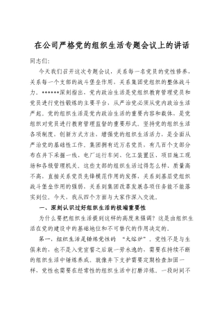 在公司严格党的组织生活专题会议上的讲话
