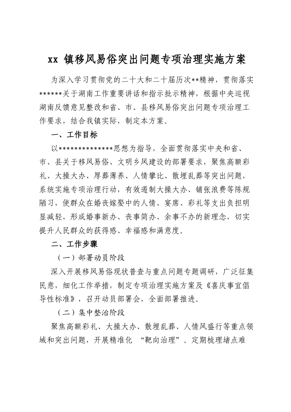 镇移风易俗突出问题专项治理实施方案_第1页