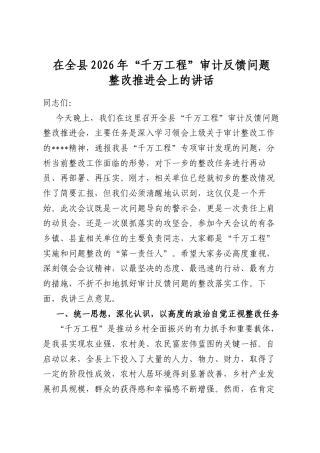 在全县2026年“千万工程”审计反馈问题整改推进会上的讲话