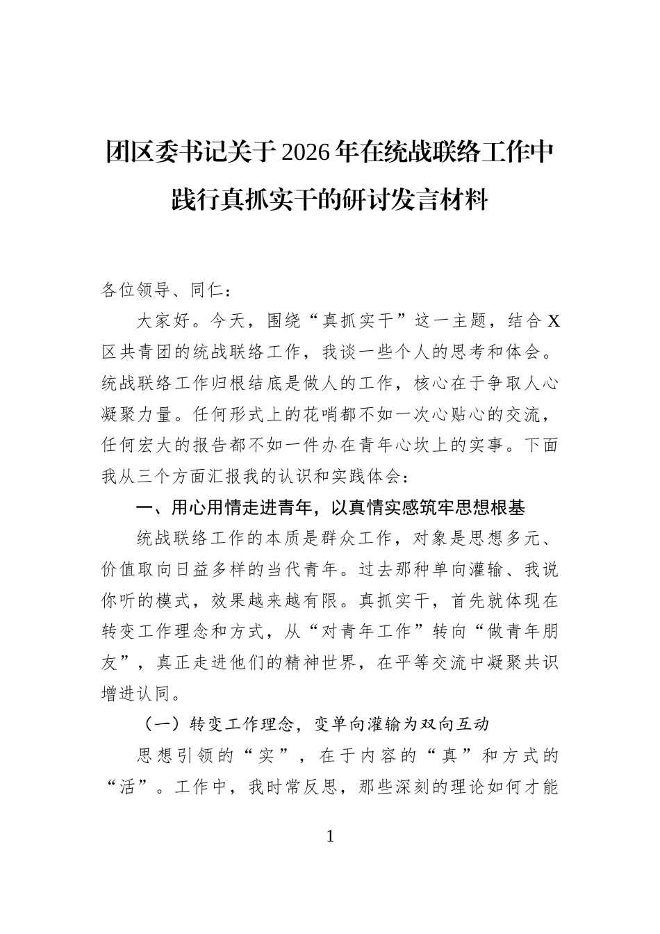 团区委书记关于2026年在统战联络工作中践行真抓实干的研讨发言材料_第1页