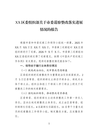 XX区委组织部关于市委巡察整改落实进展情况的报告