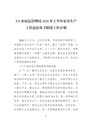 XX市应急管理局2026年上半年安全生产工作总结及下阶段工作计划