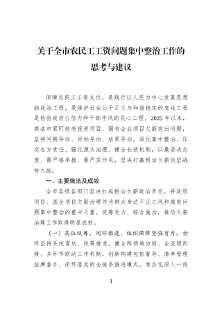 关于全市农民工工资问题集中整治工作的思考与建议