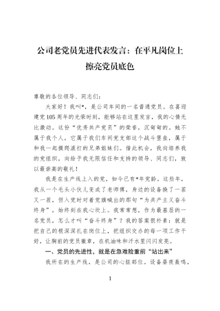 公司老党员先进代表发言：在平凡岗位上擦亮党员底色