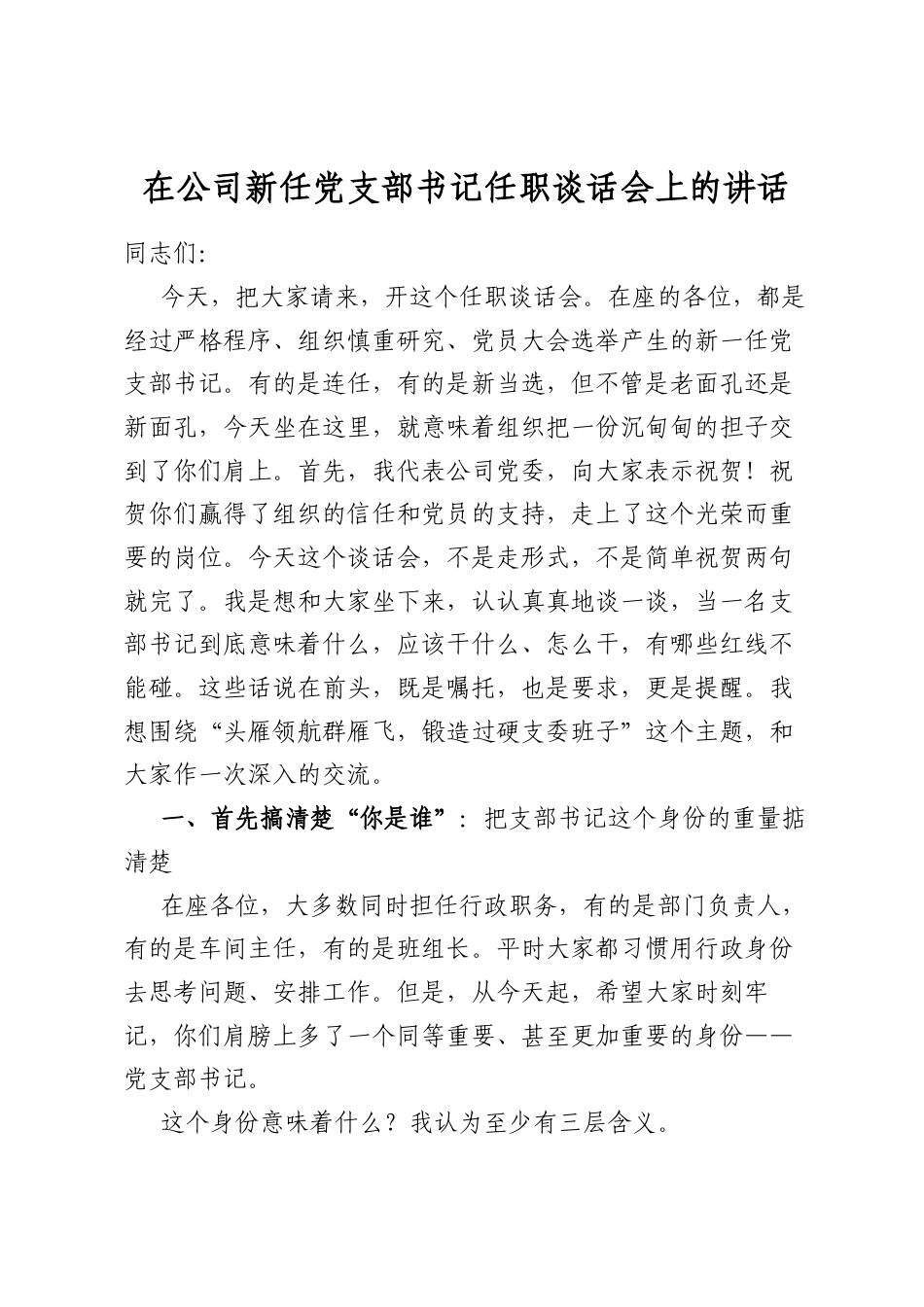 在公司新任党支部书记任职谈话会上的讲话_第1页