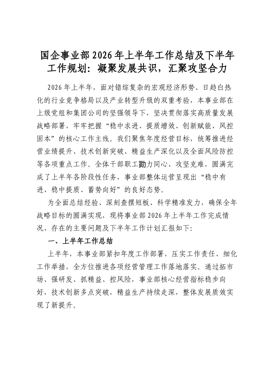 国企事业部2026年上半年工作总结及下半年工作规划：凝聚发展共识，汇聚攻坚合力_第1页